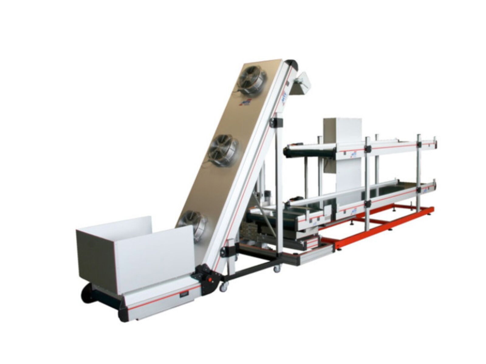 Conveyor with cooling tunnel and floor buffer for cooling and filling of plastic parts into cartons