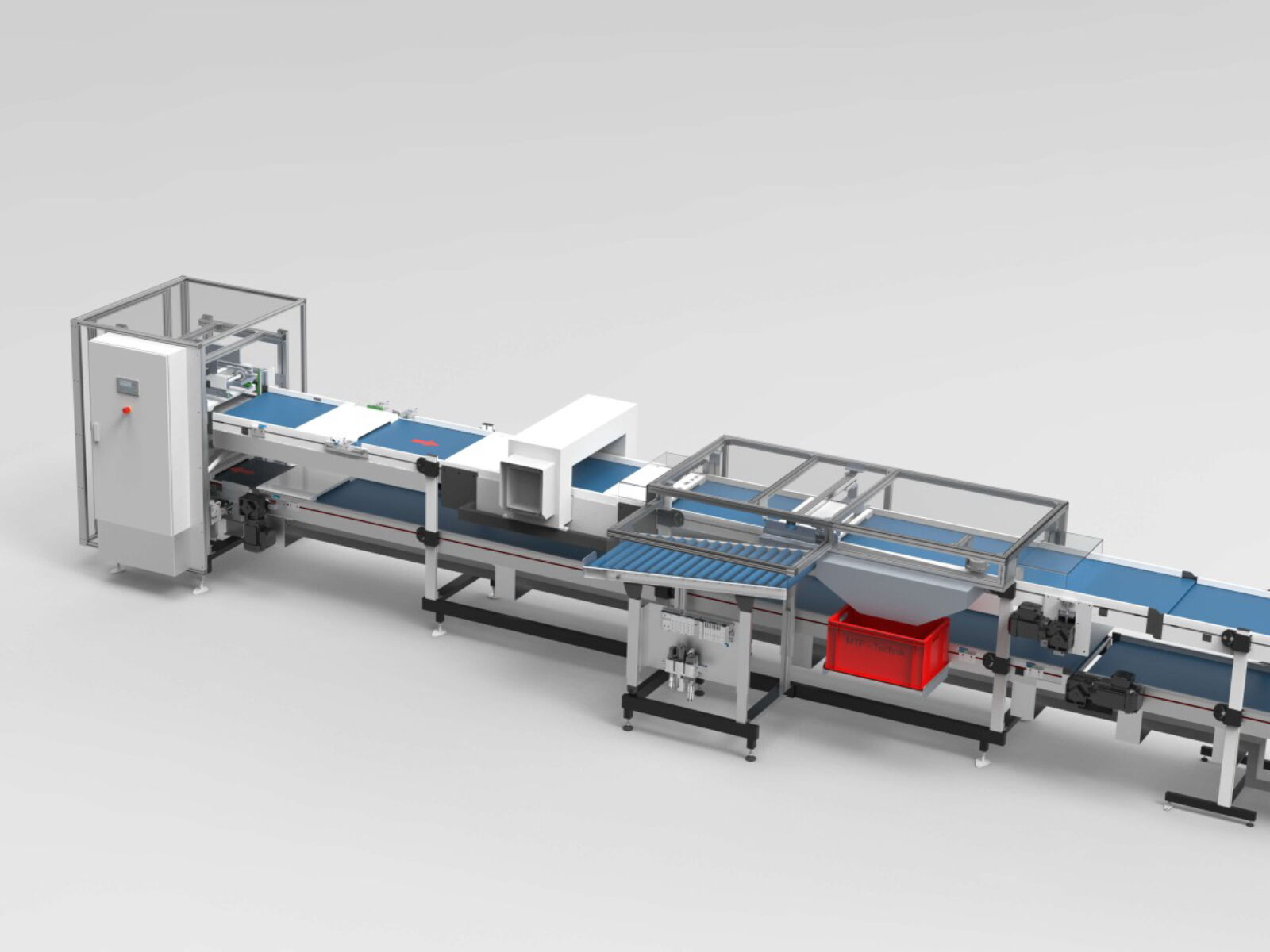 Two parallel lifting stations with conveyor belt system and metal detector for conveying and handling of trays after chocolate production
