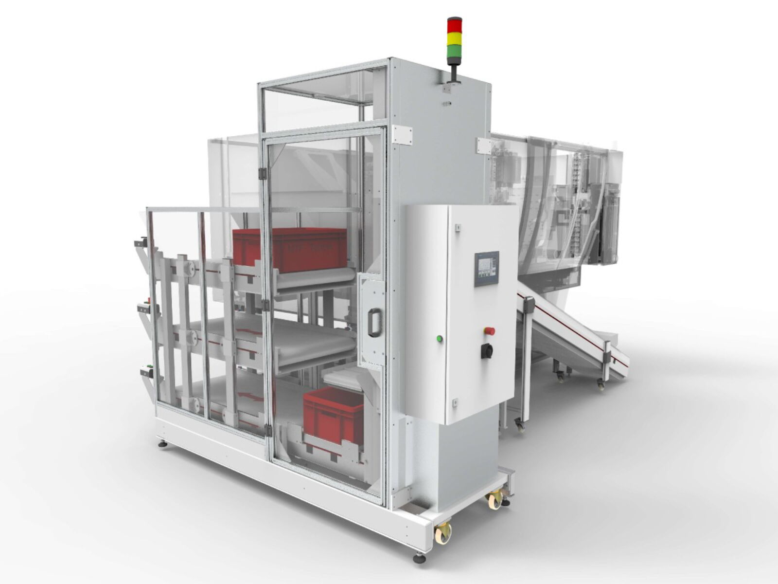 Buffer conveyor system on 3 levels with turnout, small conveyor belt and lifting device for automatic buffering of medical technology articles in containers