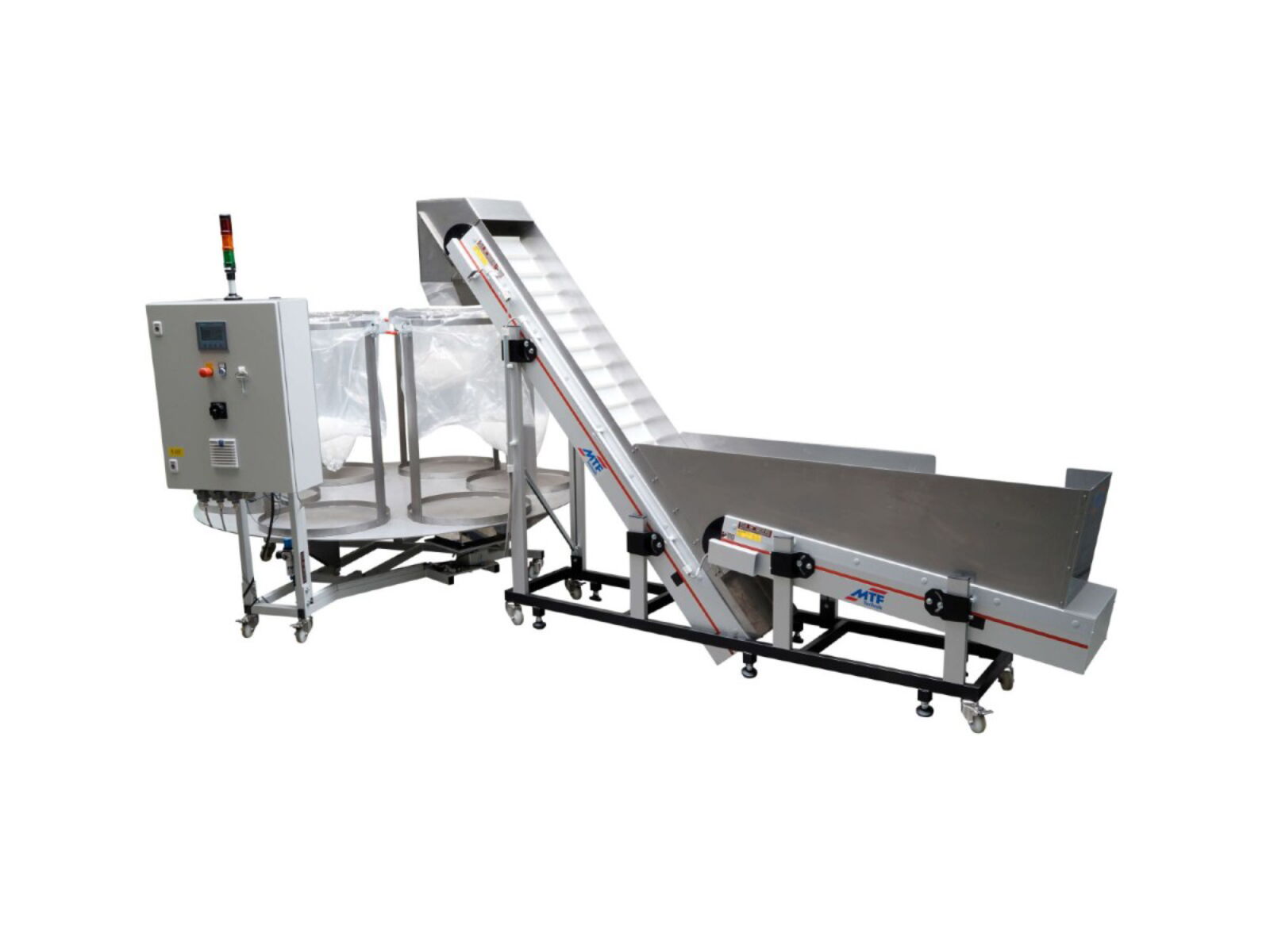 Enclosed conveyor combination serving as a buffer station, consisting of two straight conveyors and a pick-up system with a scale