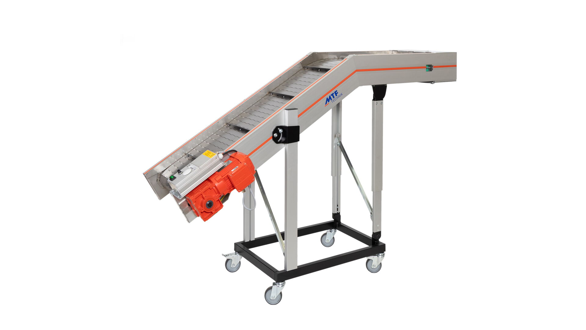 GVF-LD 020 hinged belt conveyor with cleated belt and mobile base frame
