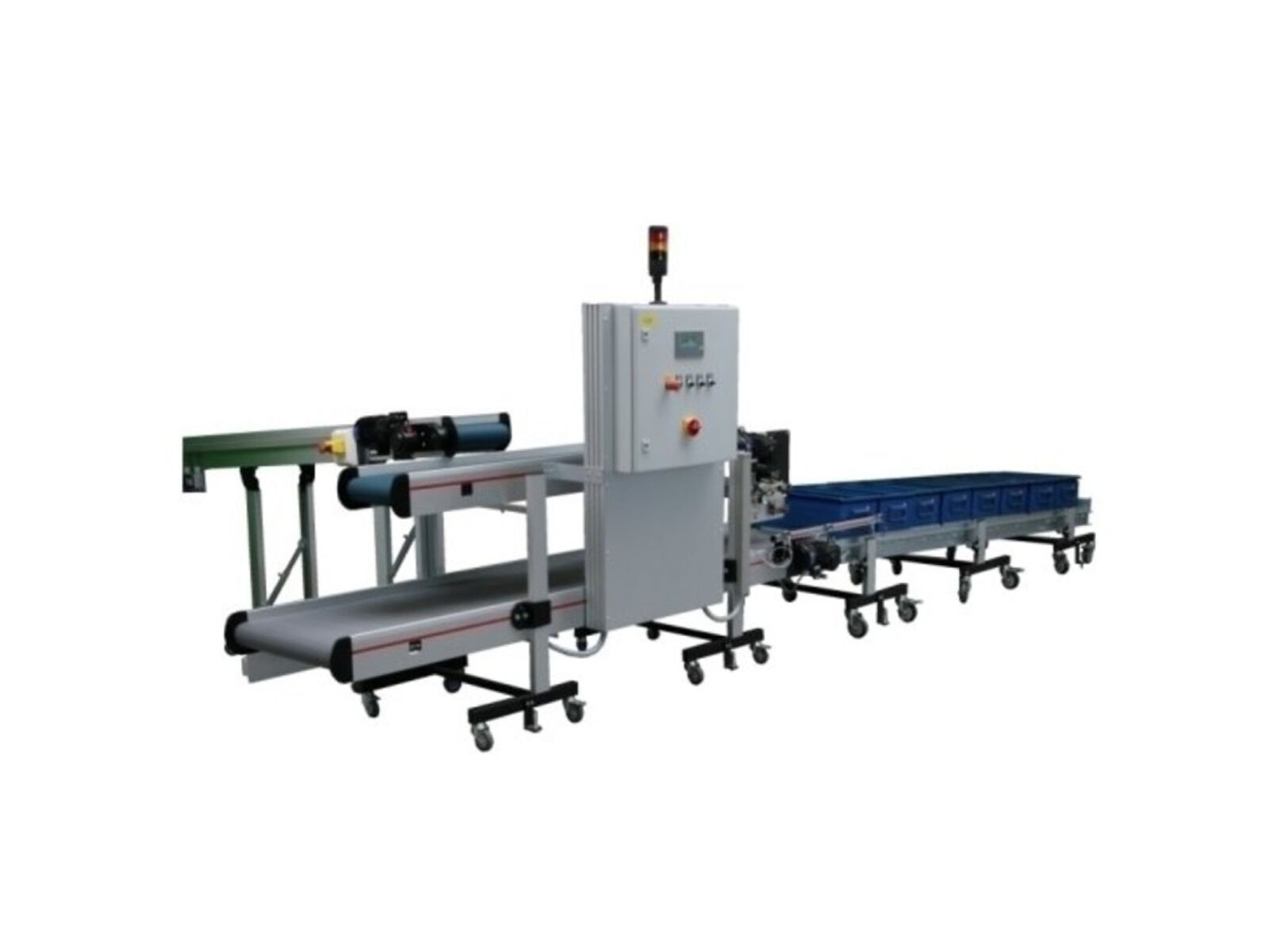 Conveyor system comprising two feed conveyors, a buffer conveyor and a roller conveyor for the transport and buffering of metal parts