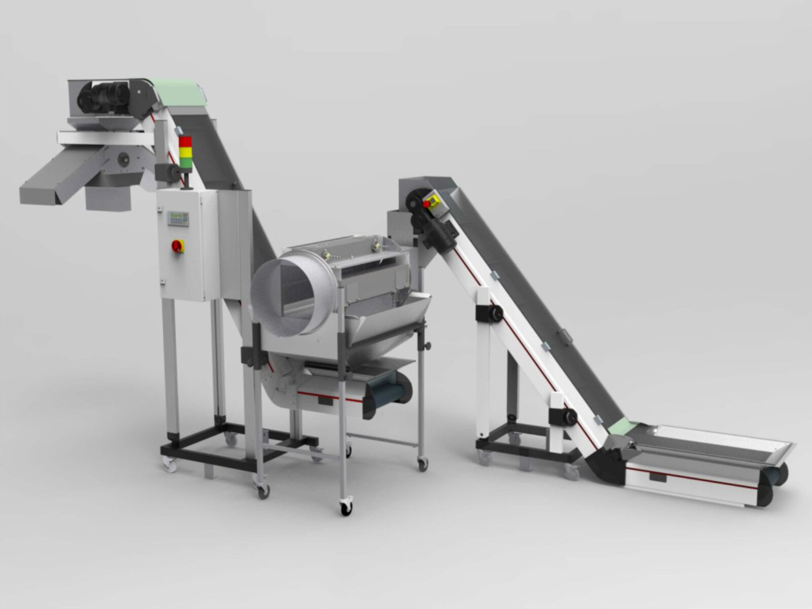 Closed conveyor combination with rectangle drum and distribution chute for transport, separation and distribution of sensitive parts
