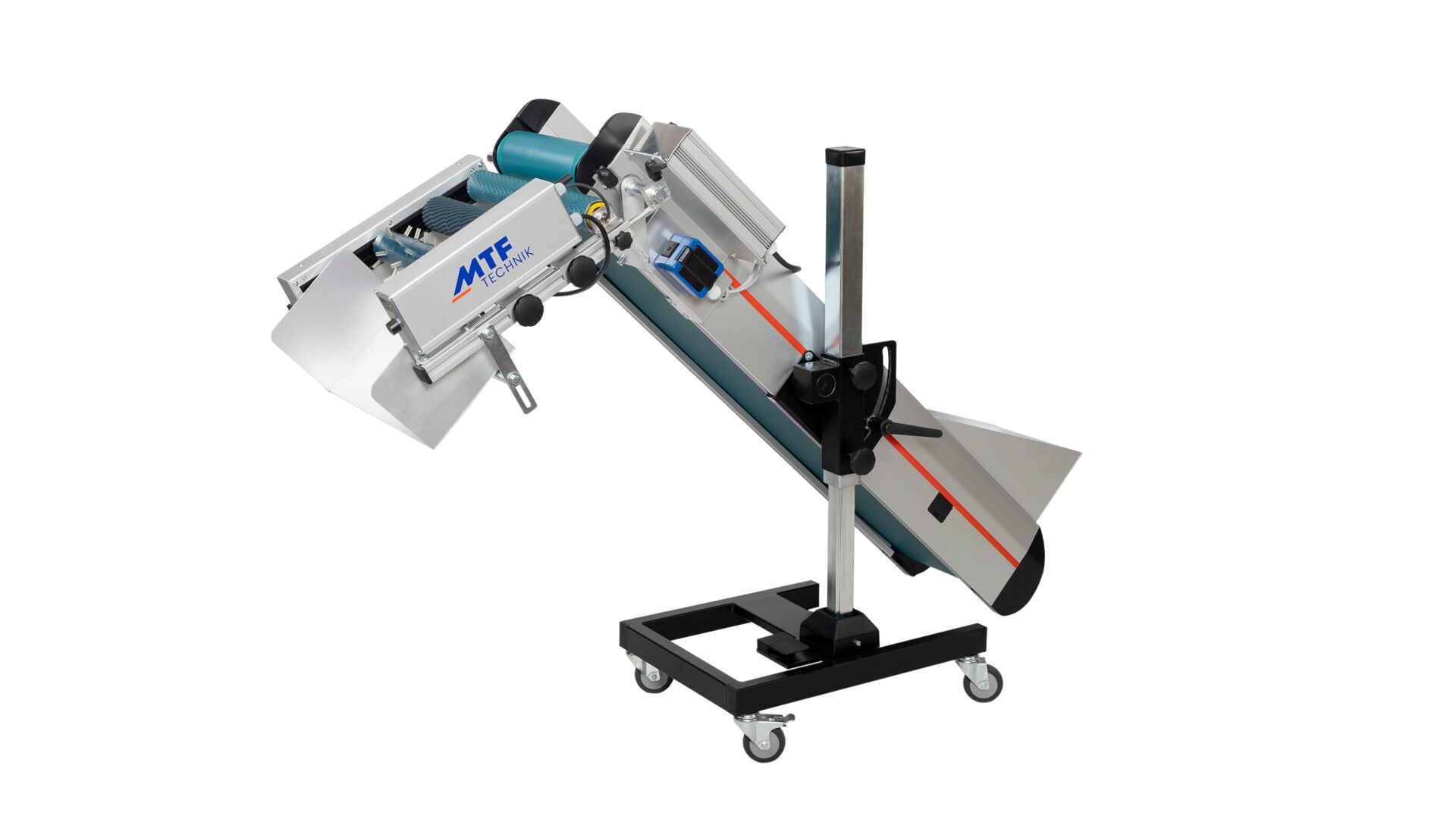 GL-IE 010 straight belt conveyor with single-sided belt support, roller separator, smooth petrol-colored belt, and mobile base frame