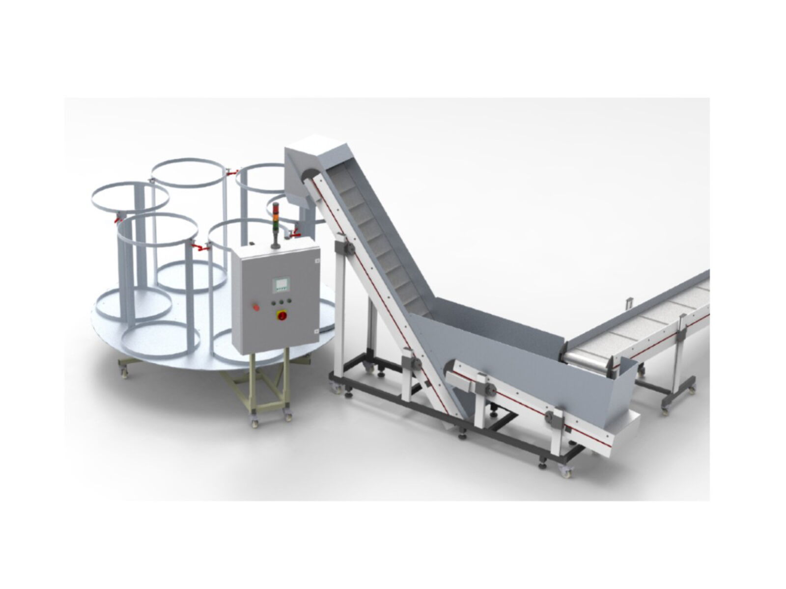 Enclosed conveyor combination serving as a buffer station, consisting of two straight conveyors and a pick-up system with a scale