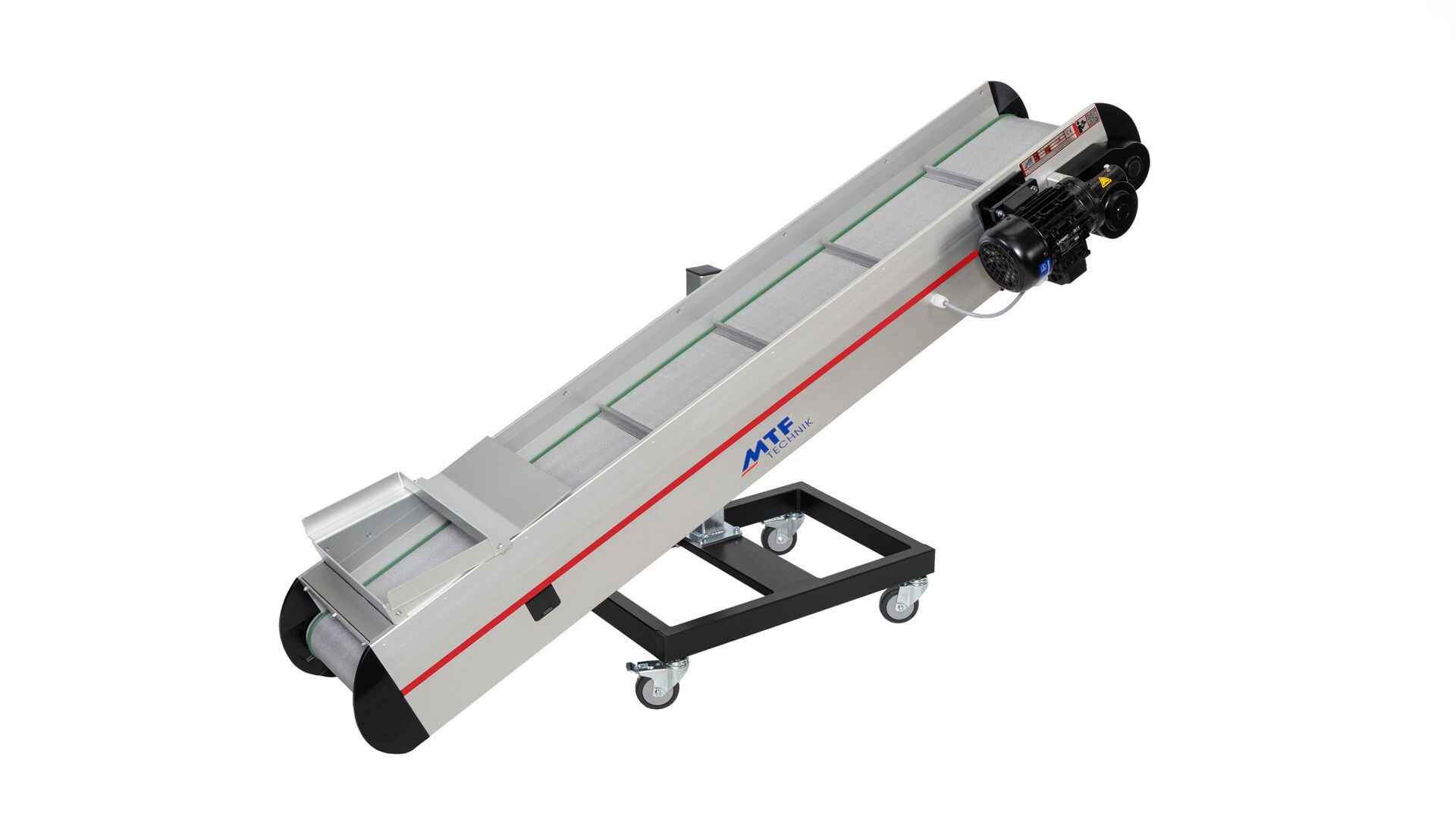 GL-IE 020 straight belt conveyor with single-sided belt support, gray cleated belt, and mobile base frame
